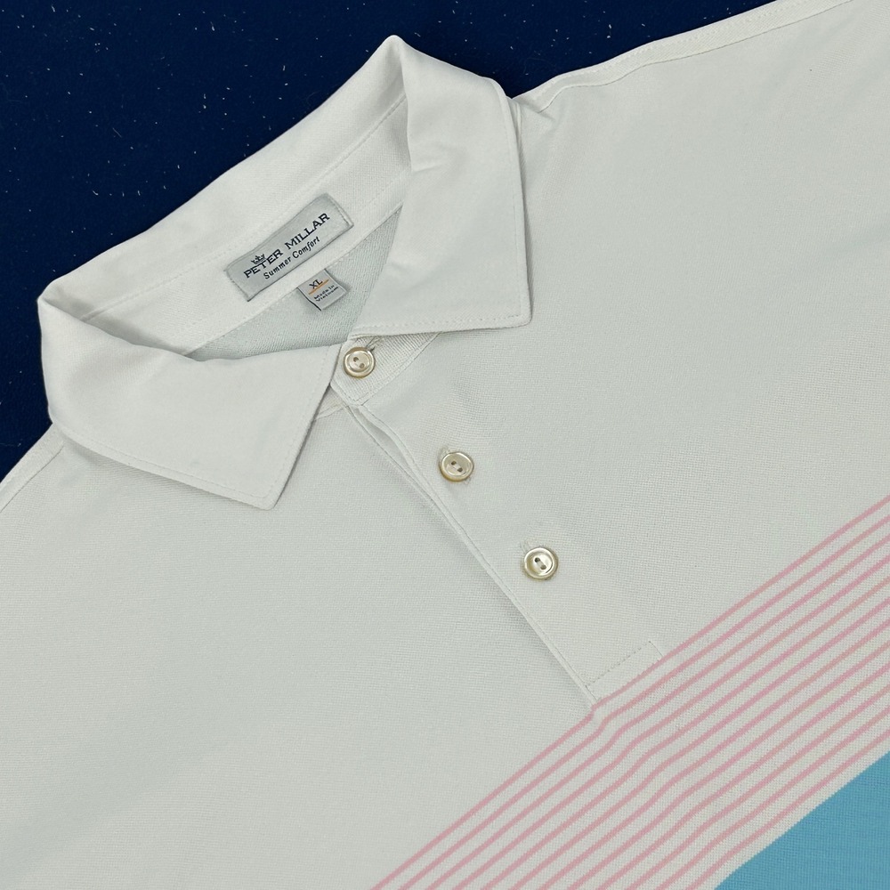 Peter Millar Summer Comfort Shirt Mens‎ XL White Teal Pink Stripe Golf Polo